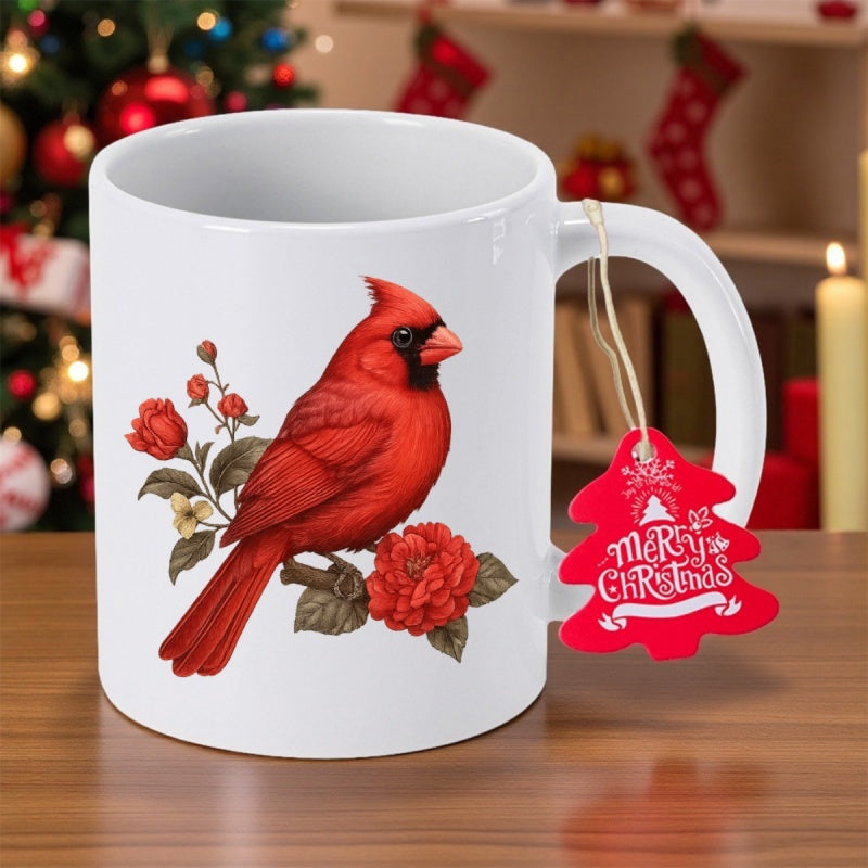 Tailorly White Ceramic 11 oz Mug - Merry Christmas Vibrant Red Bird Perched Among Blooming Winter Roses Cardinal
