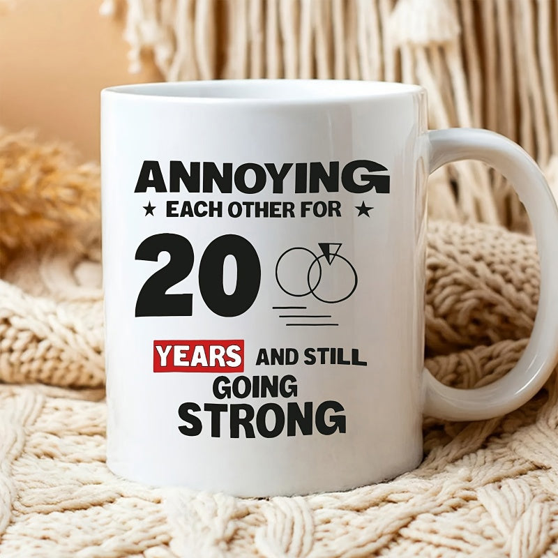 Tailorly White Ceramic 11 oz Mug - Annoying Each Other For 20 Years And Still Going Strong Minimalist Line Art Interlocking Wedding Rings Symbolizing Eternal Love