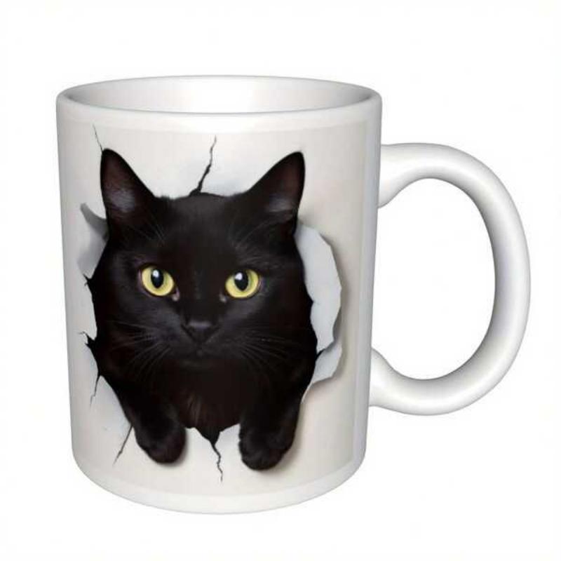 Tailorly White Ceramic 11 oz Mug - Realistic Black Cat With Yellow Eyes Peeking Through Cracked Surface Cat