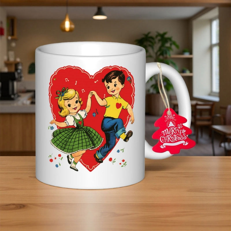 Tailorly White Ceramic 11 oz Mug - Merry Christmas Vintage Style Children Dancing Happily Inside A Vibrant Red Heart Illustration