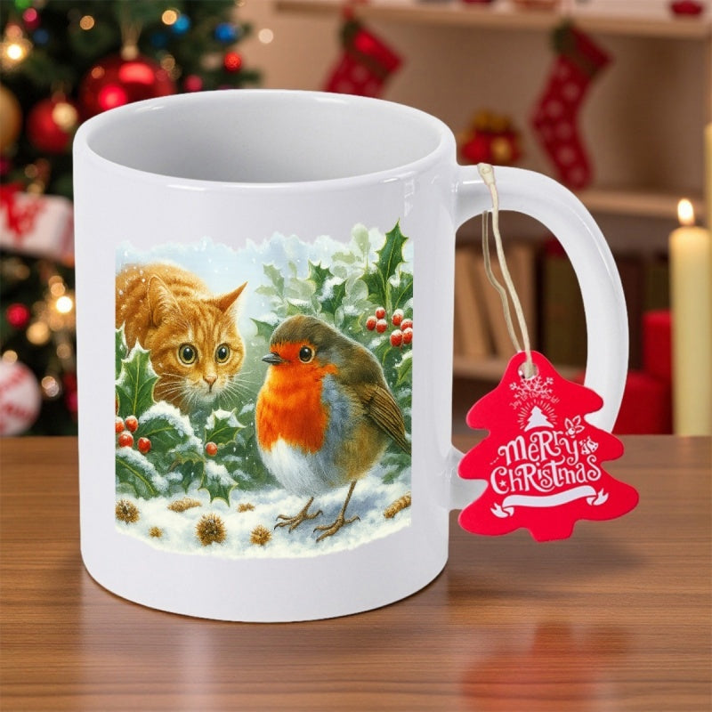 Tailorly White Ceramic 11 oz Mug - Merry Christmas Ginger Cat Watching Small Bird In Snowy Winter Holly Garden Robin