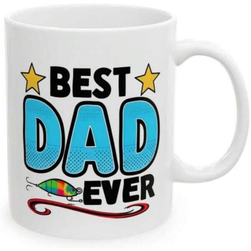 Tailorly White Ceramic 11 oz Mug - Best Dad Ever Colorful Fishing Lure Featuring Bright Yellow Stars And Decorative Swirl Lure