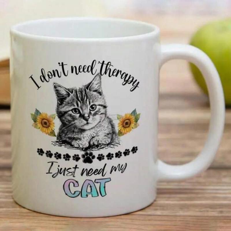 Tailorly White Ceramic 11 oz Mug - I Don't Need Therapy I Just Need My Cat Adorable Tabby Kitten Resting Between Sunflowers With Delicate Paw Prints Cat
