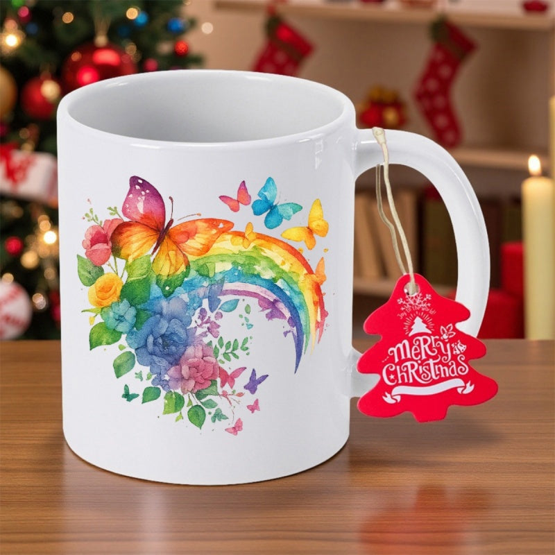 Tailorly White Ceramic 11 oz Mug - Merry Christmas Colorful Butterflies Fluttering Among A Vibrant Watercolor Rainbow And Blooming Garden Flowers Butterfly