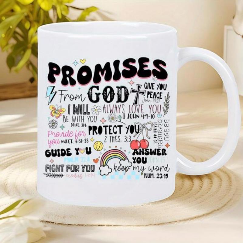 Tailorly White Ceramic 11 oz Mug - Promises From God Hand Drawn Colorful Religious Icons Featuring Rainbow Cross And Small Cherries Mug