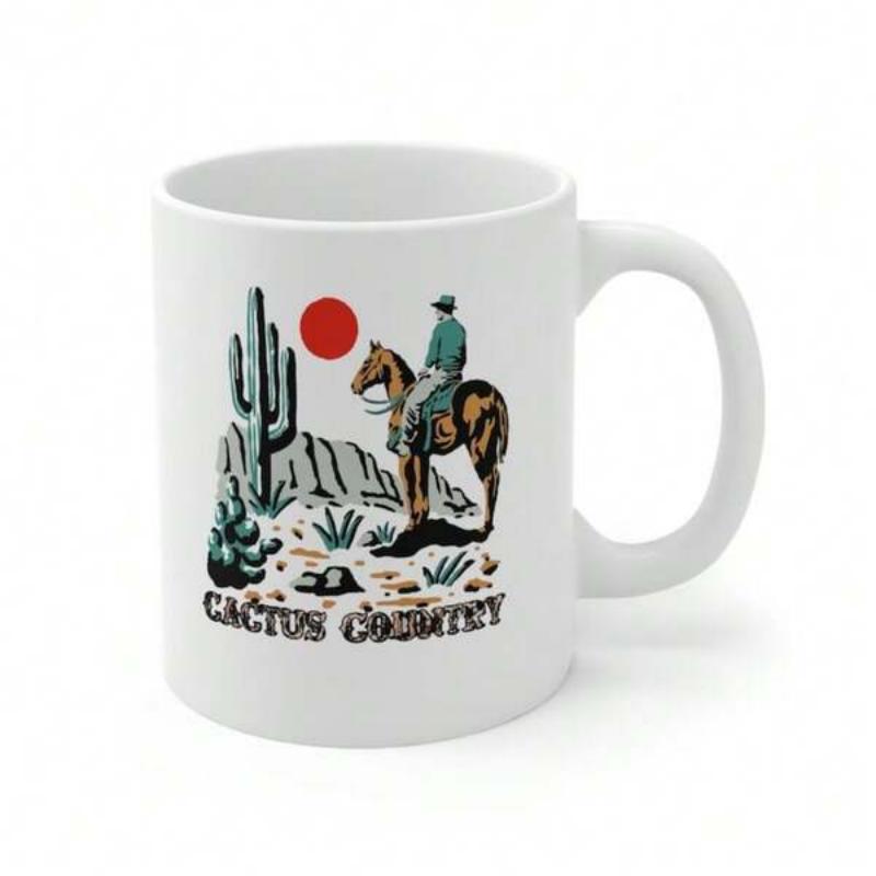Tailorly White Ceramic 11 oz Mug - Cactus Country Lone Cowboy Riding Across Desert Landscape Under Red Glowing Sunset Cowboy