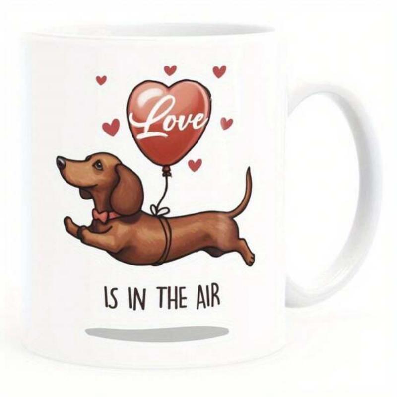 Tailorly White Ceramic 11 oz Mug - Love Is In The Air Charming Brown Pup Flying With Red Heart Balloon Dachshund