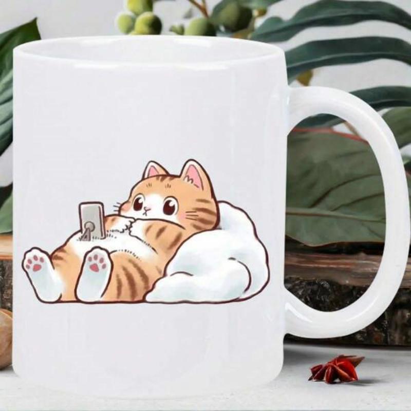 Tailorly White Ceramic 11 oz Mug - Adorable Chubby Orange Tabby Relaxing On White Pillow Holding Smartphone Cat