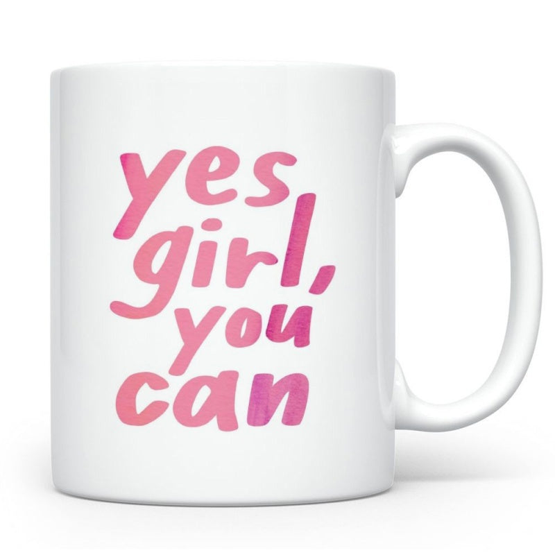 Tailorly White Ceramic 11 oz Mug - Yes Girl You Can Pink Watercolor Brush Style Motivational Quote Empowering Feminine Slogan