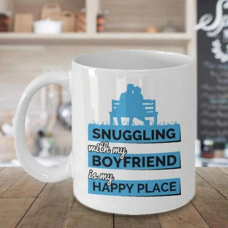 Tailorly White Ceramic 11 oz Mug - Snuggling With My Boyfriend Is My Happy Place Romantic Blue Silhouette Of Lovers Sitting Peacefully On Wooden Bench