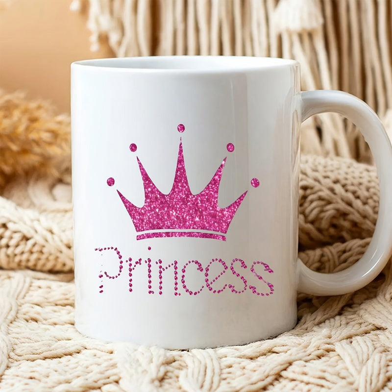 Tailorly White Ceramic 11 oz Mug - Princess Sparkling Pink Glitter Royal Crown Surrounded By Decorative Dotted Text Crown