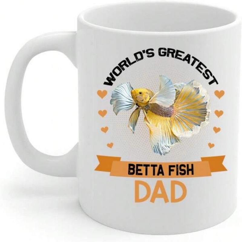 Tailorly White Ceramic 11 oz Mug - World's Greatest Betta Fish Dad Elegant Golden Siamese Fighting Fish Swimming Gracefully Among Small Hearts Fish