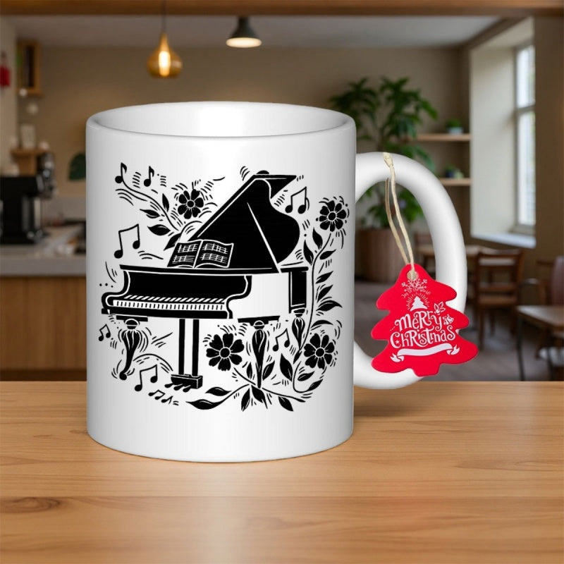 Tailorly White Ceramic 11 oz Mug - Merry Christmas Elegant Grand Piano Surrounded By Artistic Musical Notes And Floral Patterns Piano