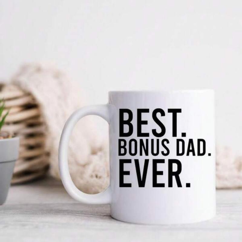 Tailorly White Ceramic 11 oz Mug - Best Bonus Dad Ever Bold Minimalist Black Block Lettering Celebrating Modern Supportive Family Sign