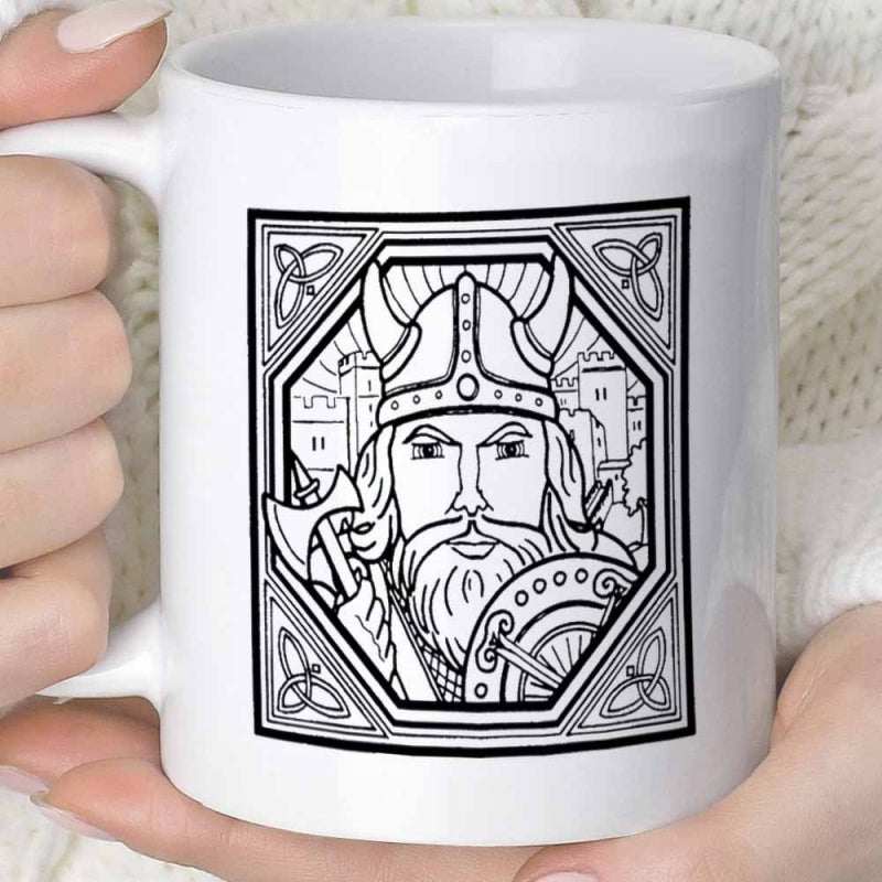 Tailorly White Ceramic 11 oz Mug - Intricate Black And White Illustration Of Warrior Wearing Horned Helmet Viking