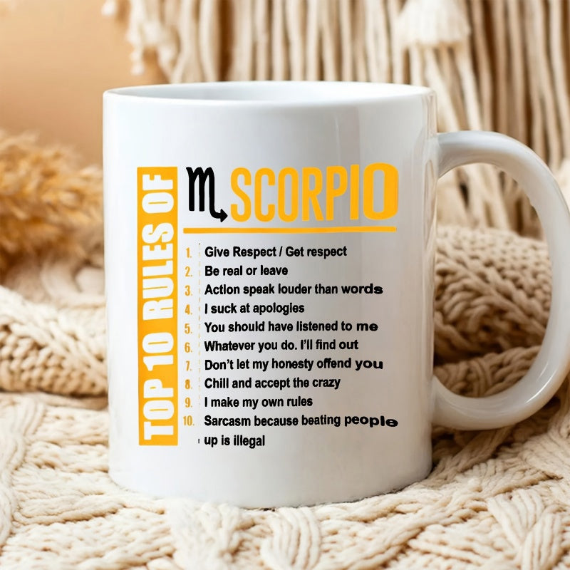 Tailorly White Ceramic 11 oz Mug - Top 10 Rules Of Scorpio Sleek Minimalist Aesthetic With Bold Typography And Astrological Sign