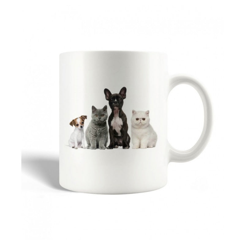 Tailorly White Ceramic 11 oz Mug - Diverse Group Of Domestic Dogs And Cats Sitting Together In Row Pets