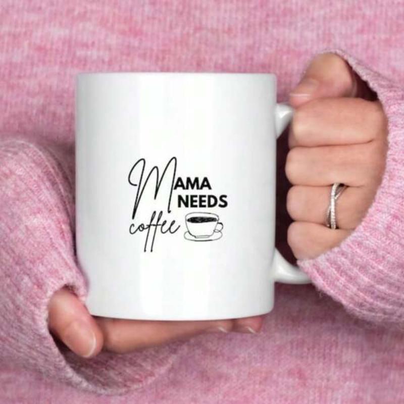 Tailorly White Ceramic 11 oz Mug - Mama Needs Coffee Simple Minimalist Line Drawing Illustrating Warm Steam Above A Breakfast Cup