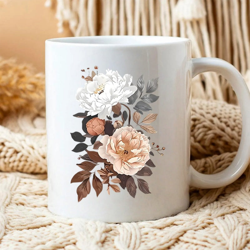 Tailorly White Ceramic 11 oz Mug - Elegant Blooming Flowers With Vintage Brown Leaves In Soft Watercolor Style Flower