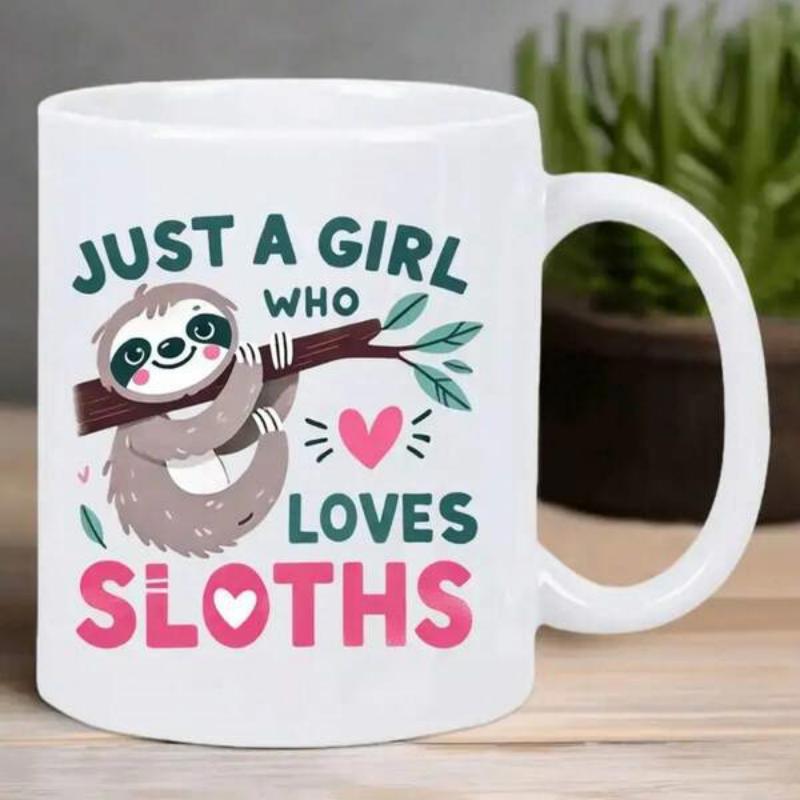 Tailorly White Ceramic 11 oz Mug - Just A Girl Who Loves Sloths Adorable Cartoon Sloth Hanging From A Branch With A Pink Heart Sloth