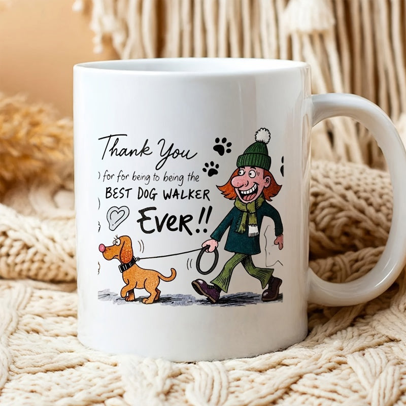 Tailorly White Ceramic 11 oz Mug - Thank You For For Being The Best Dog Walker Ever Cheerful Cartoon Character Wearing Green Winter Attire Strolling With Cute