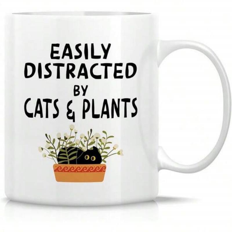 Tailorly White Ceramic 11 oz Mug - Easily Distracted By Cats Plants Cute Black Cat Peeking From Potted Greenery Surrounded By Delicate White Flowers Cat