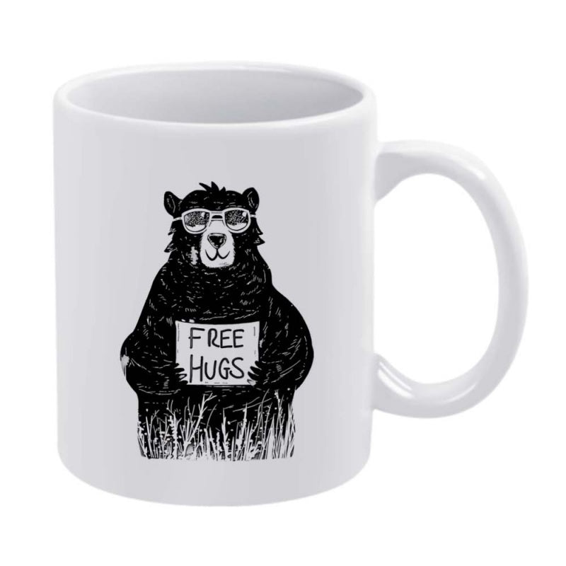 Tailorly White Ceramic 11 oz Mug - Free Hugs Hand Drawn Sketched Wilderness Animal Wearing Sunglasses Holding Sign Bear