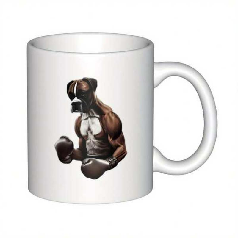 Tailorly White Ceramic 11 oz Mug - Strong Muscular Brown Canine Wearing Boxing Gloves In Athletic Pose Dog