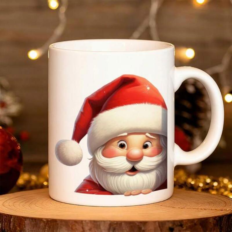 Tailorly White Ceramic 11 oz Mug - Cheerful Peeking Character With Red Hat And Fluffy Beard Santa Claus