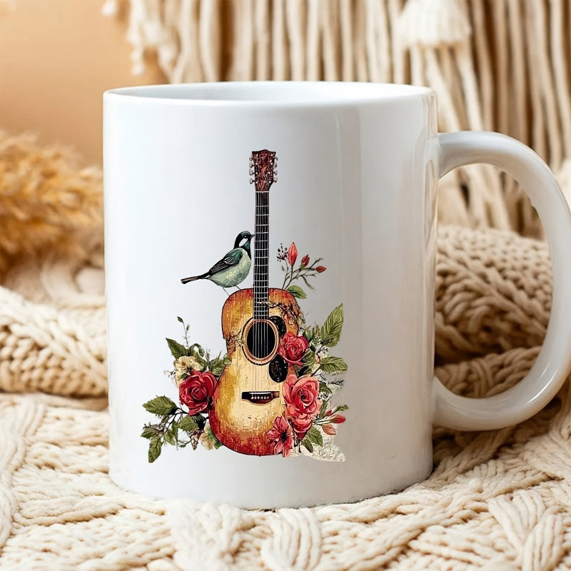 Tailorly White Ceramic 11 oz Mug - Rustic Musical Theme With Red Roses And Small Songbird Guitar