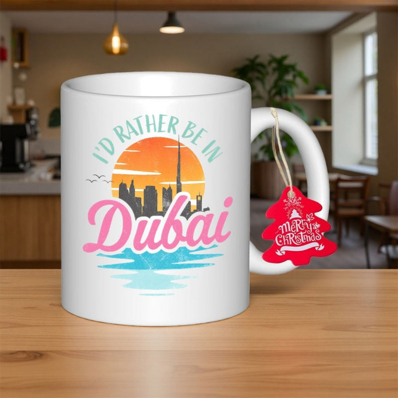 Tailorly White Ceramic 11 oz Mug - I D Rather Be In Dubai Vibrant Sunset Over Glistening Ocean Waves Behind Iconic Cityscape Dubai Skyline