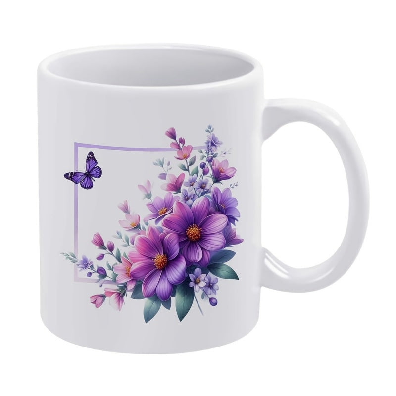 Tailorly White Ceramic 11 oz Mug - Elegant Purple Flowers Blooming Beside A Fluttering Butterfly Within Frame Flower