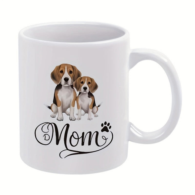 Tailorly White Ceramic 11 oz Mug - Mom Two Realistic Tricolor Beagle Dogs Sitting Together With A Small Paw Print Beagle