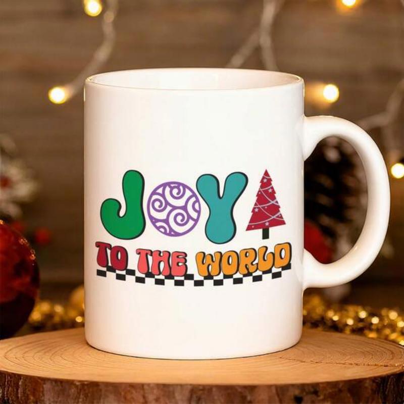 Tailorly White Ceramic 11 oz Mug - Joy To The World Festive Retro Typography With Colorful Patterns And Christmas Tree Mug