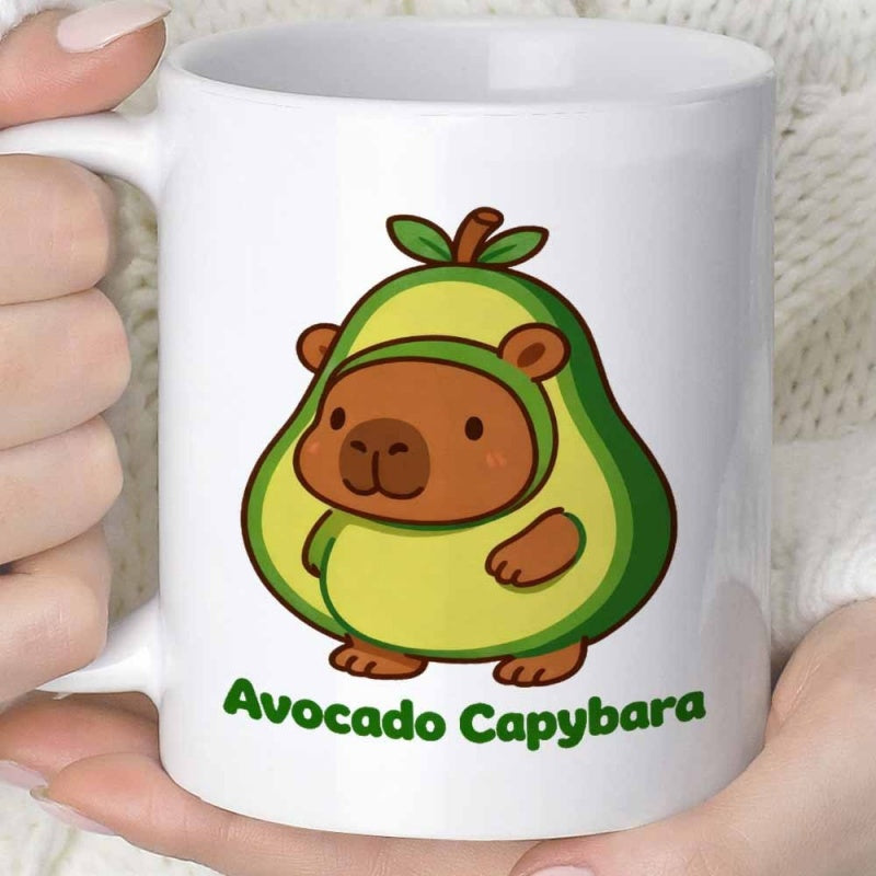 Tailorly White Ceramic 11 oz Mug - Avocado Capybara Adorable Cartoon Animal Wearing A Vibrant Green Fruit Shell Outfit Capybara