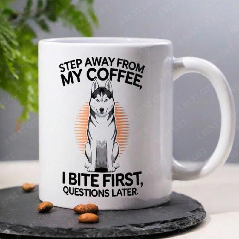 Tailorly White Ceramic 11 oz Mug - Step Away From My Coffee I Bite First Questions Later Majestic Siberian Husky Sitting Before Retro Sunset Pattern Husky
