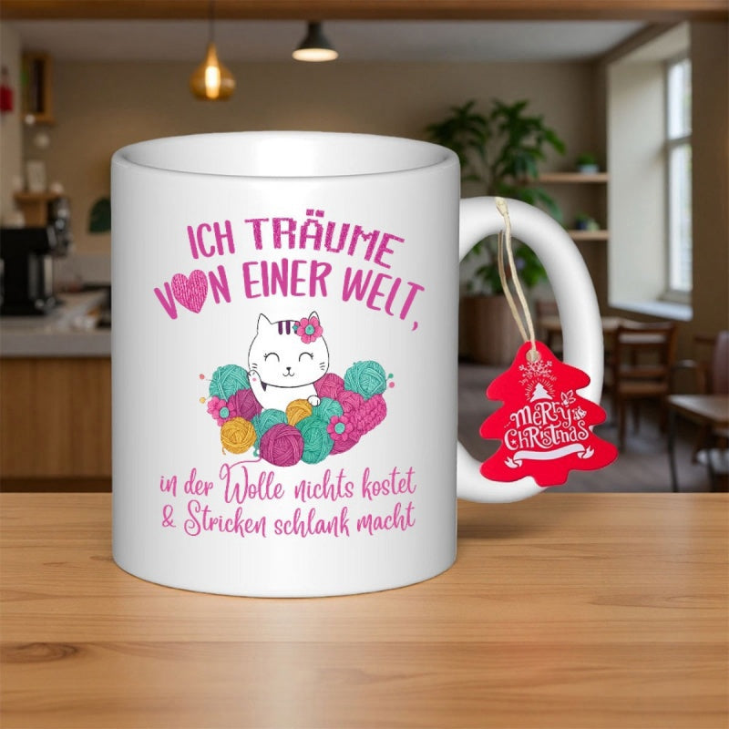 Tailorly White Ceramic 11 oz Mug - Merry Christmas Playful White Kitten With Pink Heart Sitting Among Soft Colorful Yarn Cat