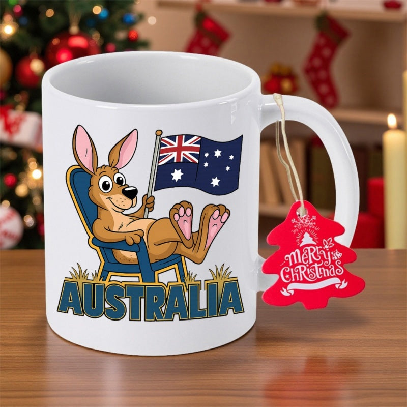 Tailorly White Ceramic 11 oz Mug - Australia Relaxing Cartoon Kangaroo Sitting In Blue Chair Holding National Flag Kangaroo