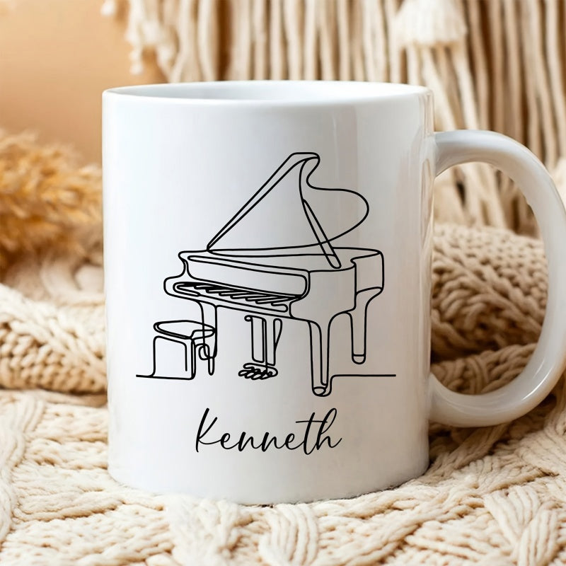 Tailorly White Ceramic 11 oz Mug - Kenneth Elegant Minimalist Single Line Drawing Of A Classic Grand Piano