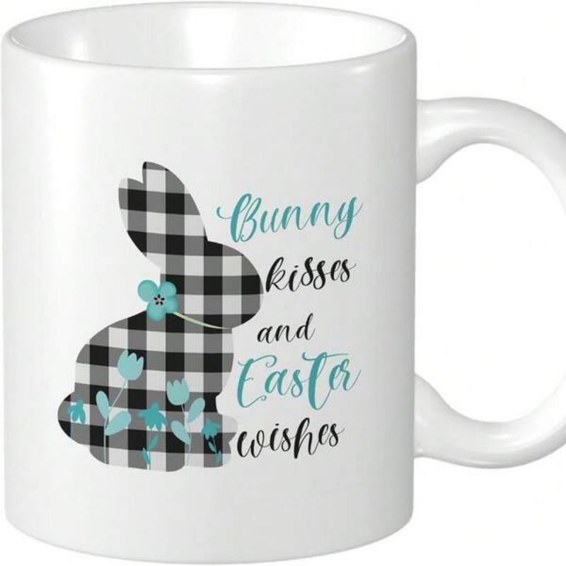Tailorly White Ceramic 11 oz Mug - Bunny Kisses And Easter Wishes Black And White Buffalo Plaid Silhouette Adorned With Elegant Turquoise Flowers Bunny