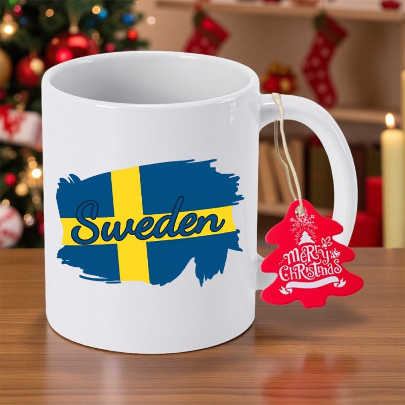 Tailorly White Ceramic 11 oz Mug - Sweden Artistic Brushstroke Style Representing National Identity In Blue And Yellow Flag