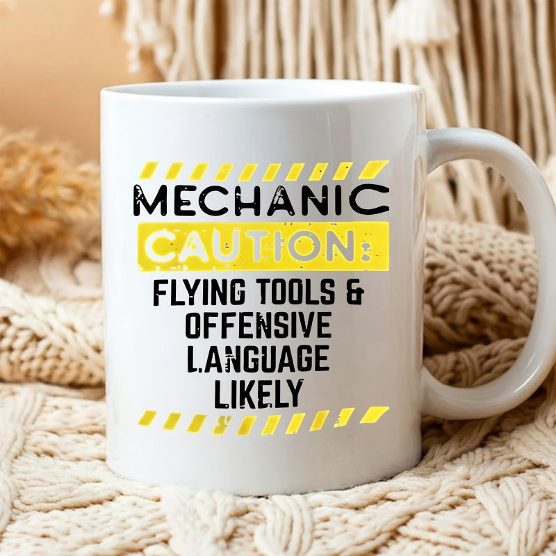 Tailorly White Ceramic 11 oz Mug - Mechanic Caution Flying Tools Offensive Language Likely Industrial Warning Style Design With Yellow Caution Stripes On Ceramic