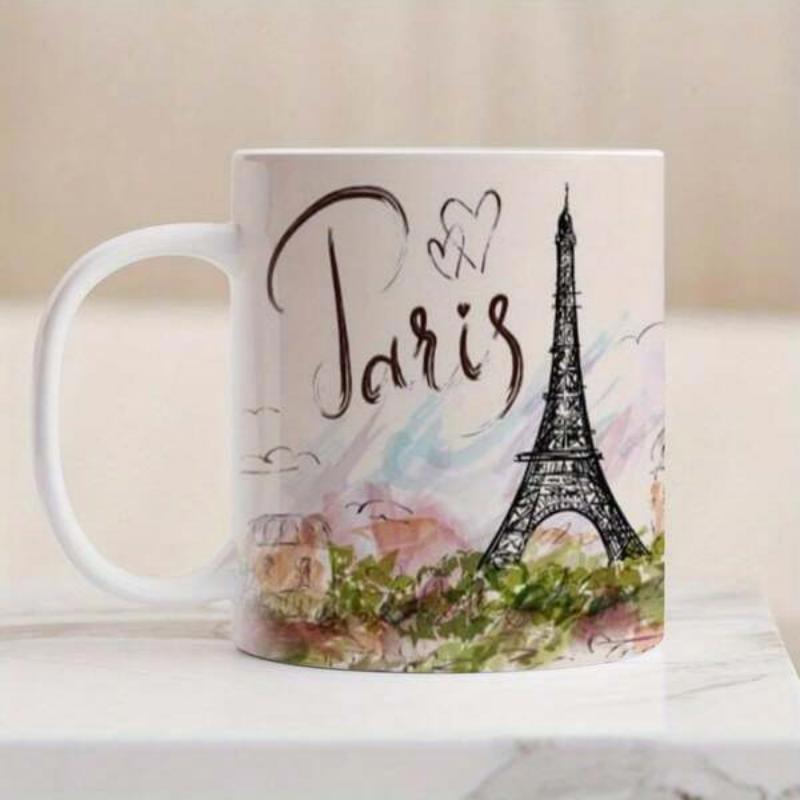Tailorly White Ceramic 11 oz Mug - Paris Artistic Watercolor Scenery Featuring Delicate Floating Hearts Eiffel Tower