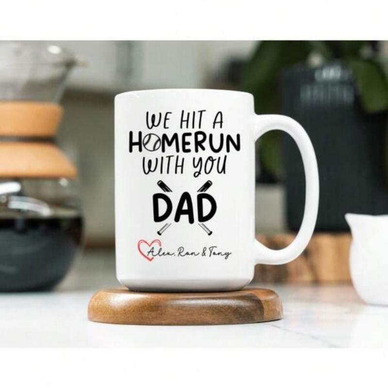 Tailorly White Ceramic 11 oz Mug - We Hit A Homerun With You Dad Featuring Crossed Bats And A Textured Sports Ball Mug