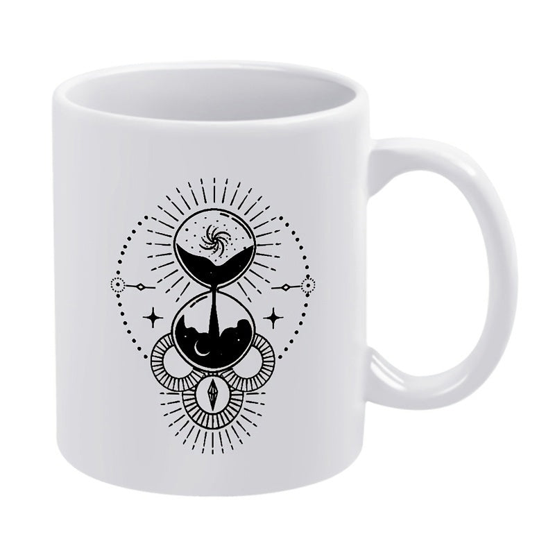 Tailorly White Ceramic 11 oz Mug - Mystical Celestial Elements With Moon And Galaxy Inside A Sacred Geometric Hourglass