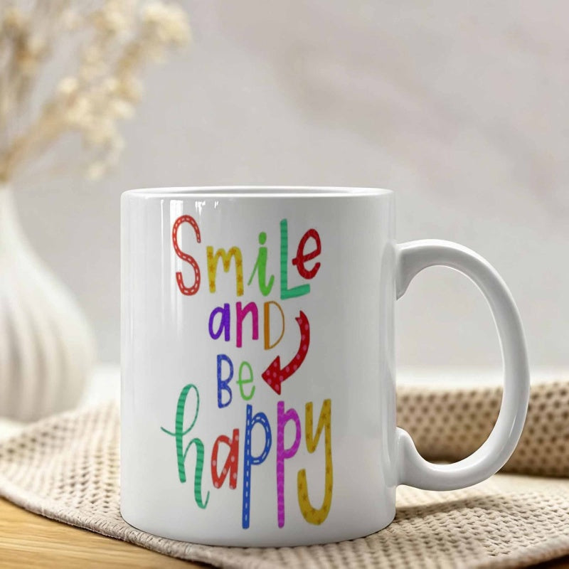 Tailorly White Ceramic 11 oz Mug - Smile And Be Happy Vibrant Multicolored Artistic Hand Drawn Script With Cute Arrow Mug