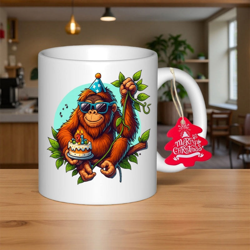 Tailorly White Ceramic 11 oz Mug - Merry Christmas Cool Orangutan Wearing Blue Sunglasses And Party Hat Holding Small Birthday Cake Orangutan
