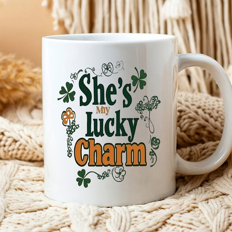 Tailorly White Ceramic 11 oz Mug - Shes My Lucky Charm Green Shamrocks Surrounded By Elegant Swirls On A