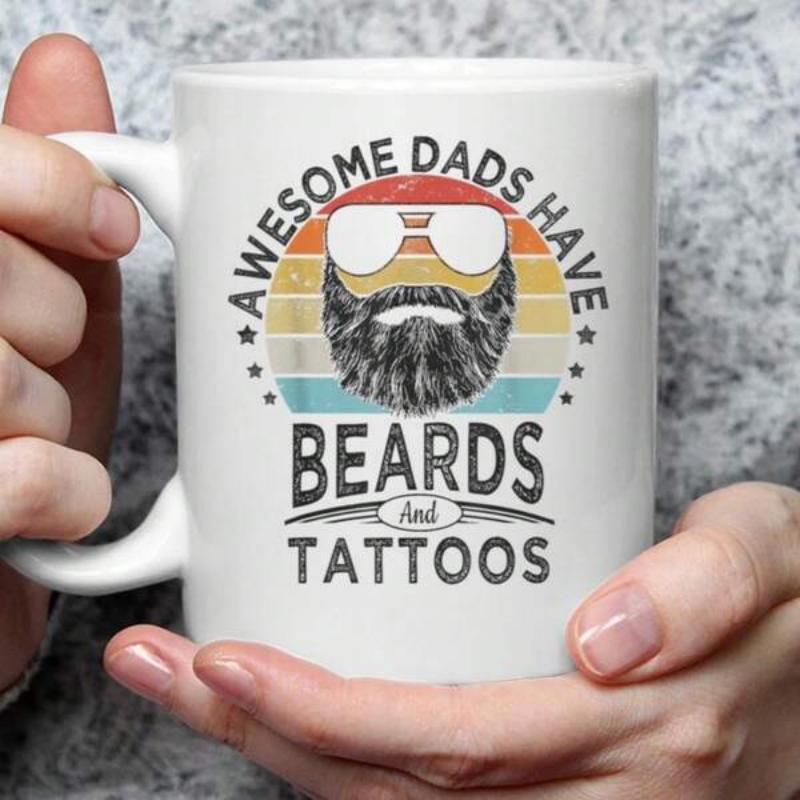 Tailorly White Ceramic 11 oz Mug - Awesome Dads Have Beards And Tattoos Vintage Retro Sunset Background With Cool Aviator Sunglasses And Thick Beard Man