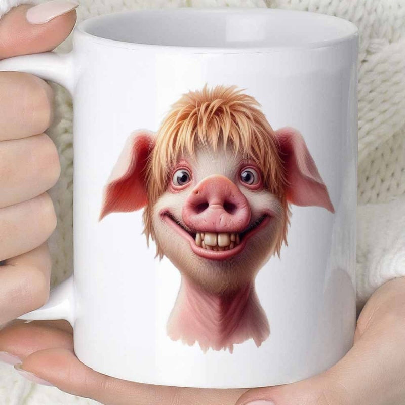 Tailorly White Ceramic 11 oz Mug - Cheerful Grinning Cartoon Character With Shaggy Highland Cow Fur Style Pig